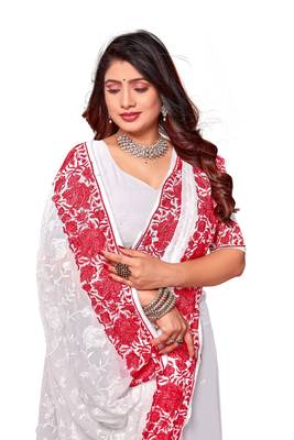 White embroidered georgette saree with blouse 2