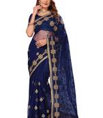 Navy blue embroidered net saree with blouse