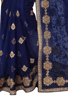 Navy blue embroidered net saree with blouse 3