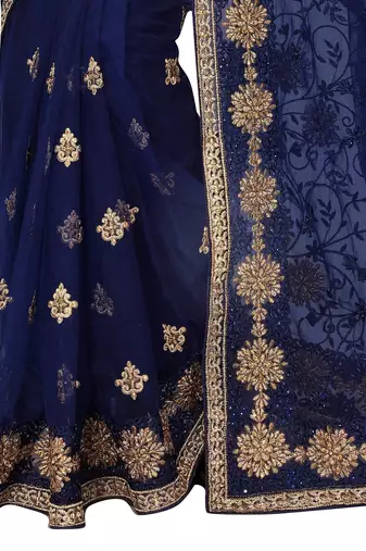 Navy blue embroidered net saree with blouse