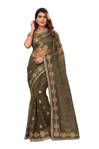 Mehendi embroidered net saree with blouse