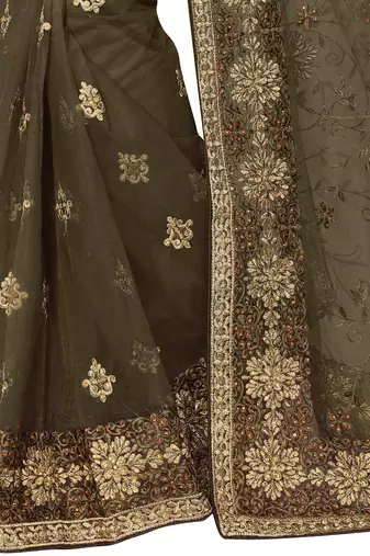 Mehendi embroidered net saree with blouse