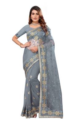Grey embroidered net saree with blouse 1