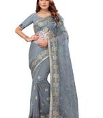 Grey embroidered net saree with blouse