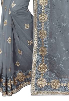 Grey embroidered net saree with blouse 3
