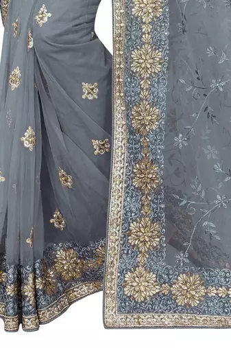 Grey embroidered net saree with blouse