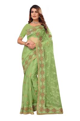 Green embroidered net saree with blouse 1