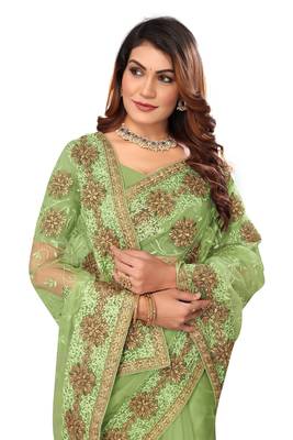 Green embroidered net saree with blouse 2