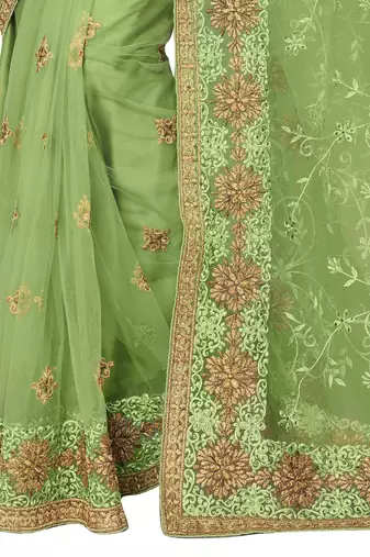 Green embroidered net saree with blouse