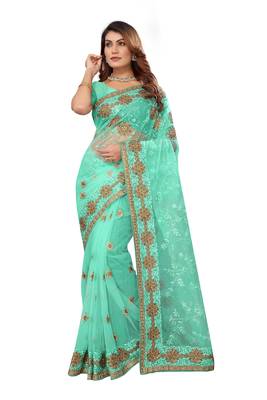 Turquoise embroidered net saree with blouse 1
