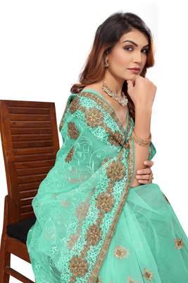 Turquoise embroidered net saree with blouse 2