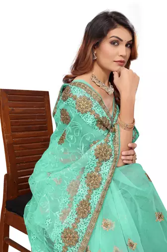 Turquoise embroidered net saree with blouse