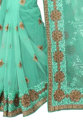 Turquoise embroidered net saree with blouse 3