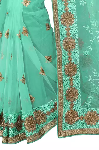 Turquoise embroidered net saree with blouse