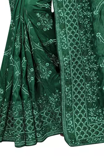 Dark green embroidered art silk saree with blouse