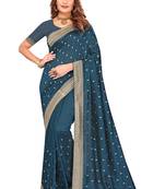 Turquoise embroidered art silk saree with blouse