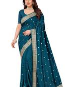 Turquoise embroidered art silk saree with blouse