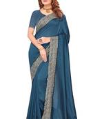 Turquoise embroidered art silk saree with blouse
