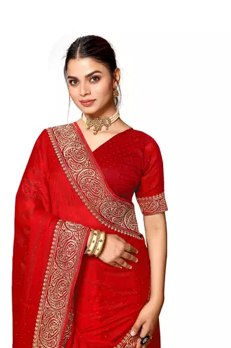 Red embroidered art silk saree with blouse