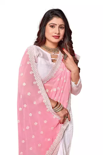 Pink embroidered georgette saree with blouse
