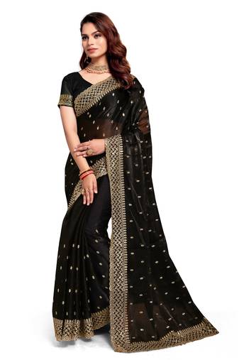 Black embroidered art silk saree with blouse