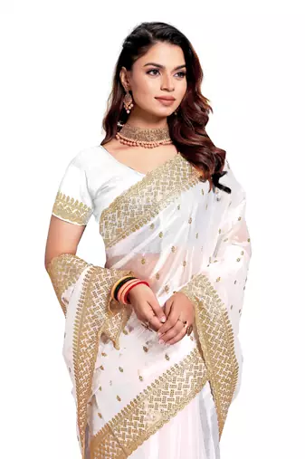 White embroidered art silk saree with blouse