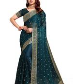 Turquoise embroidered art silk saree with blouse