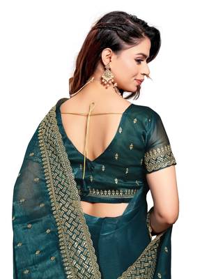 Turquoise embroidered art silk saree with blouse 2