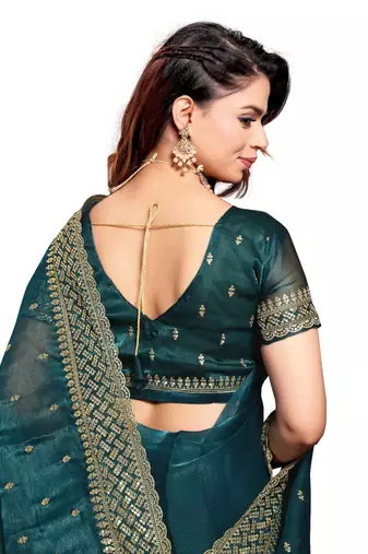 Turquoise embroidered art silk saree with blouse