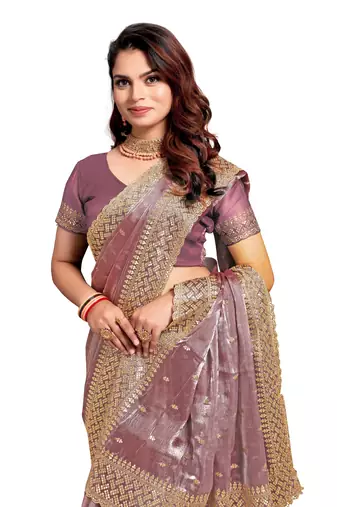 Lavender embroidered art silk saree with blouse