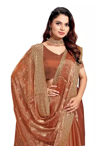 Peach embroidered art silk saree with blouse