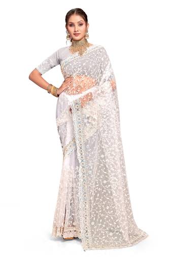 White embroidered net saree with blouse