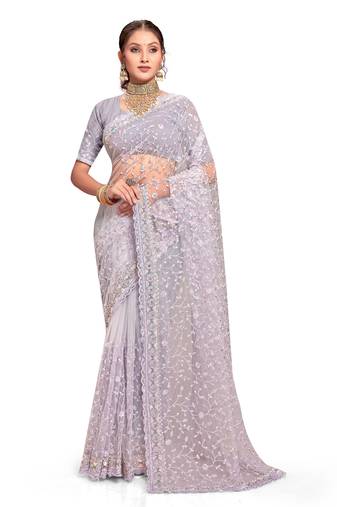 Lavender embroidered net saree with blouse