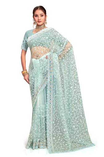 Sky blue embroidered net saree with blouse