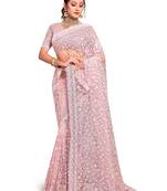 Pink embroidered net saree with blouse