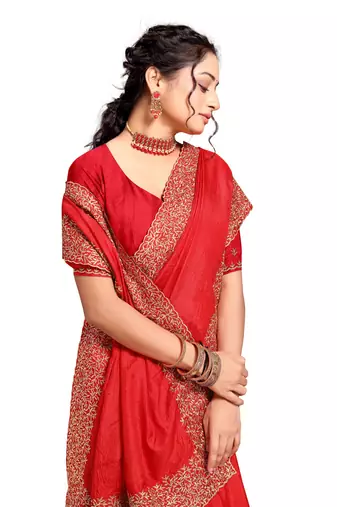 Red embroidered art silk saree with blouse