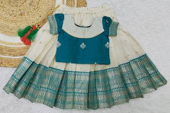 cream teal zari woven border art silk pattu pavadai 1