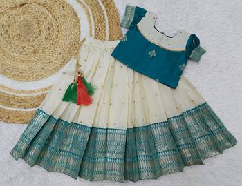 cream teal zari woven border art silk pattu pavadai 2