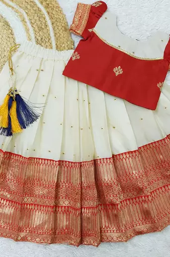  Baby Girl's Traditional Readymade South Indian Red Pattu Pavadai Lehenga Choli For Kid's