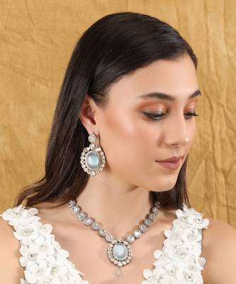 Rhodium plated american diamond zircon blue necklace set 1