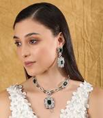 Rhodium plated american diamond zircon green necklace set