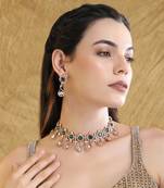 Rhodium plated american diamond zircon green necklace set