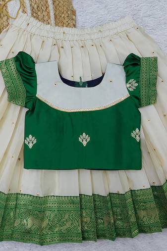  Baby Girl's Traditional Readymade South Indian Pattu Pavadai Green Lehenga Choli For Kid's