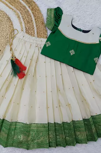  Baby Girl's Traditional Readymade South Indian Pattu Pavadai Green Lehenga Choli For Kid's