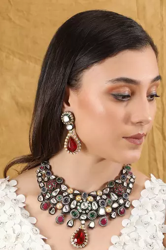 Rhodium plated american diamond red green necklace set