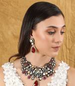 Rhodium plated american diamond red green necklace set