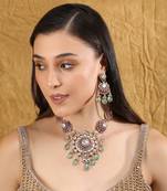 Gold plated kundan red and green necklace set