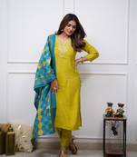 Mustard Kurti with Zari Embroidery & Foil Mirror Work, Paired with Pant & Chanderi Silk Dupatta