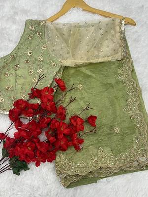 Primium Glass Barsahana Gold Chifon Crush Silk Saree With Stitched Blouse (42 Size) 1