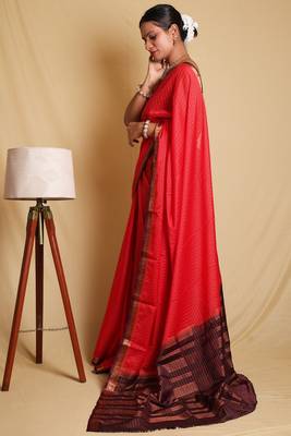 Stunning Red Saree with Zari Border and Blouse 2